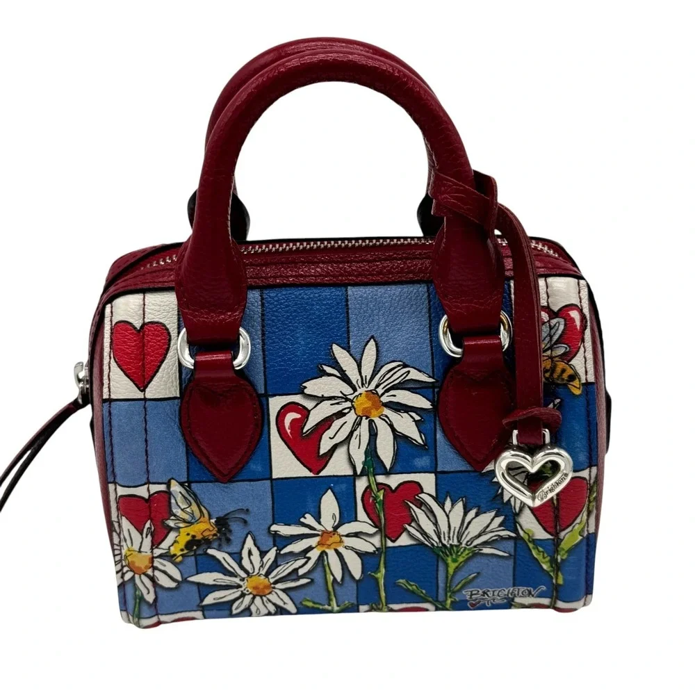 Brighton Bee Happy Mini Satchel Bag Card Organizer Dust Bag Red Blue Daisy Heart